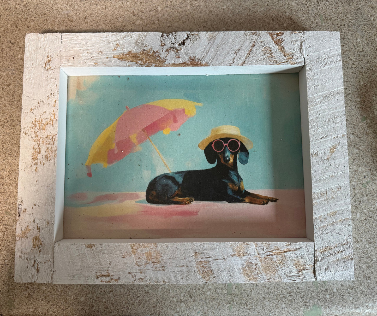 Furry friends art in whitewashed wood frame
