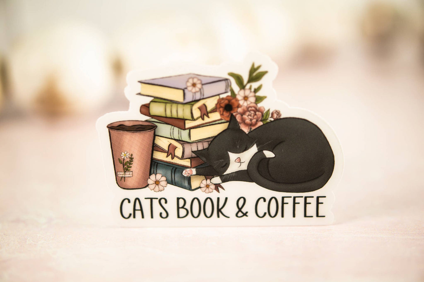Cats Book & Coffee, Vinyl Sticker, 3x3 in.