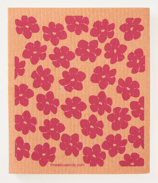 Pink Poppies on Orange Swedish Dishcloth
