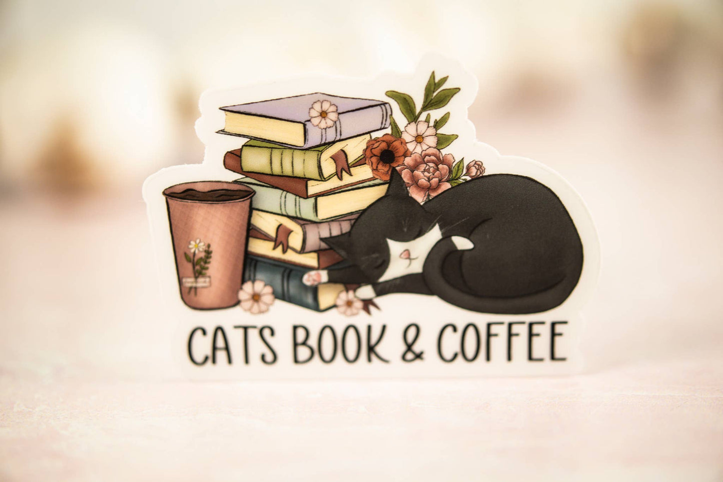 Cats Book & Coffee, Vinyl Sticker, 3x3 in.