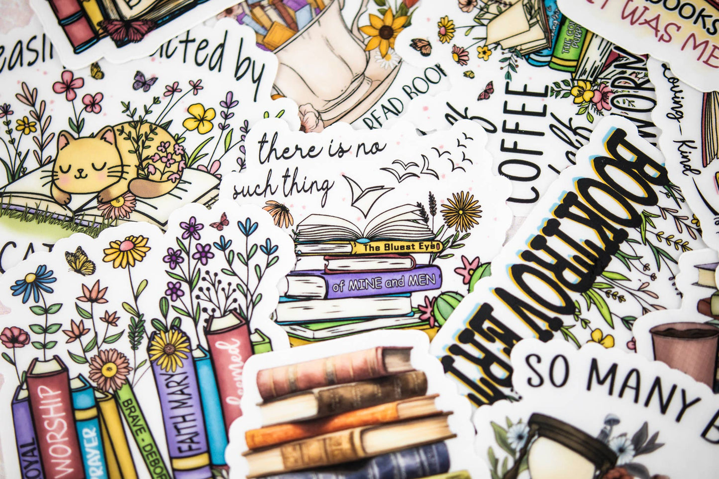 Half Coffee Half Bookworm, Floral Vinyl Sticker, 3x3 in.