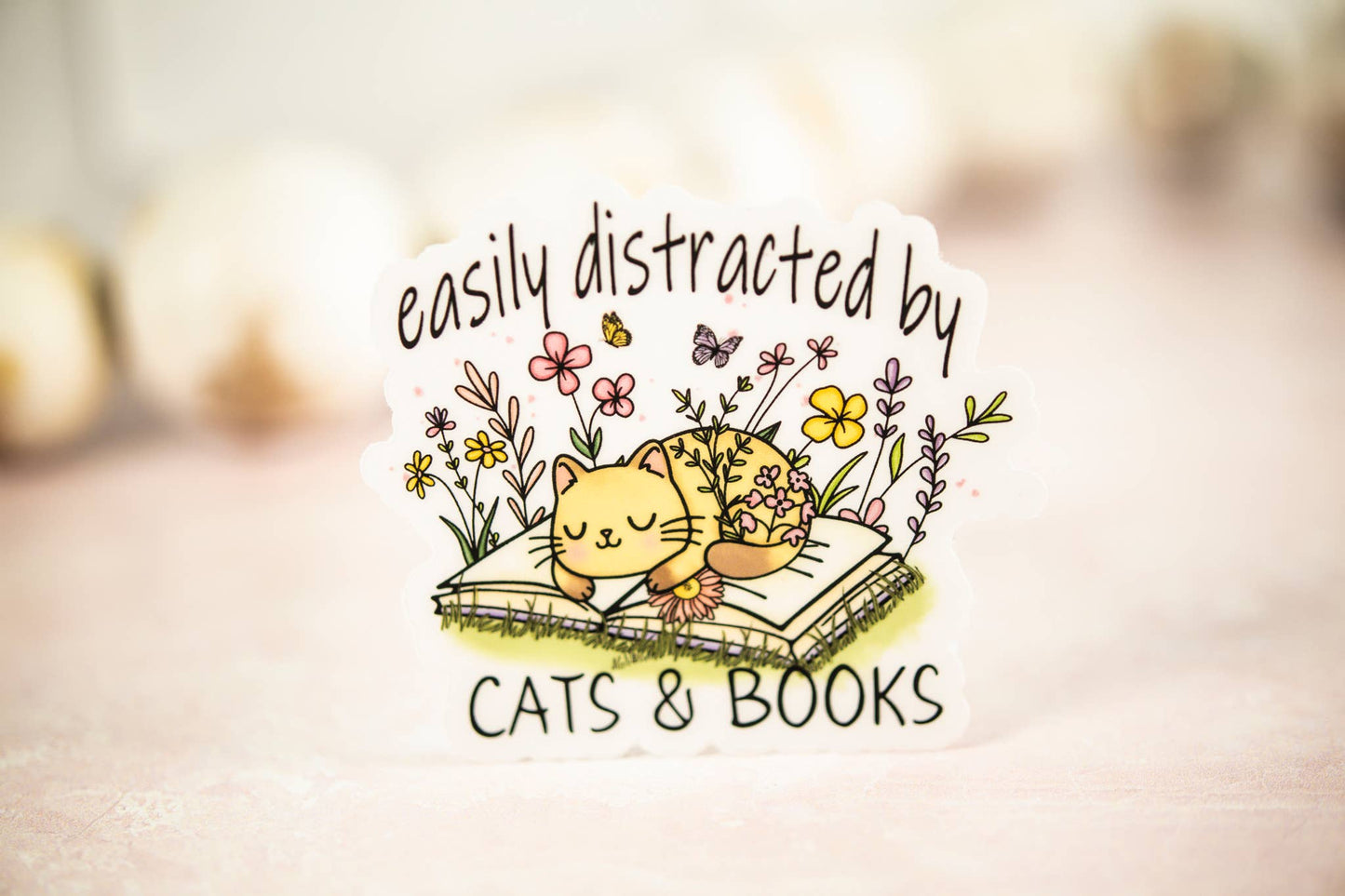 Easily Distracted By Cats & Books, Vinyl Sticker, 3x3 in.