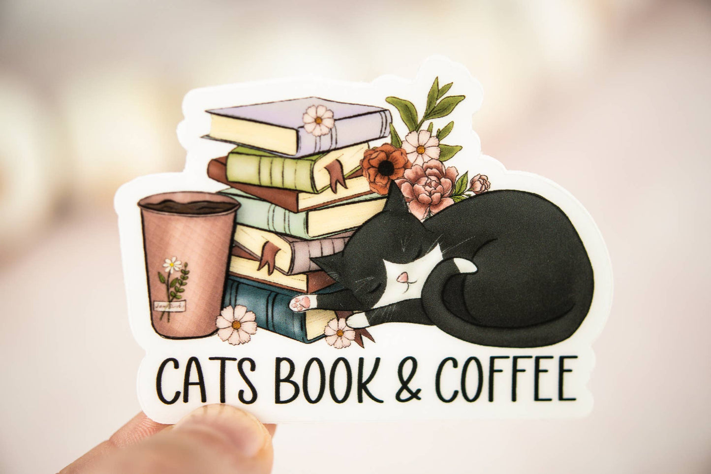 Cats Book & Coffee, Vinyl Sticker, 3x3 in.