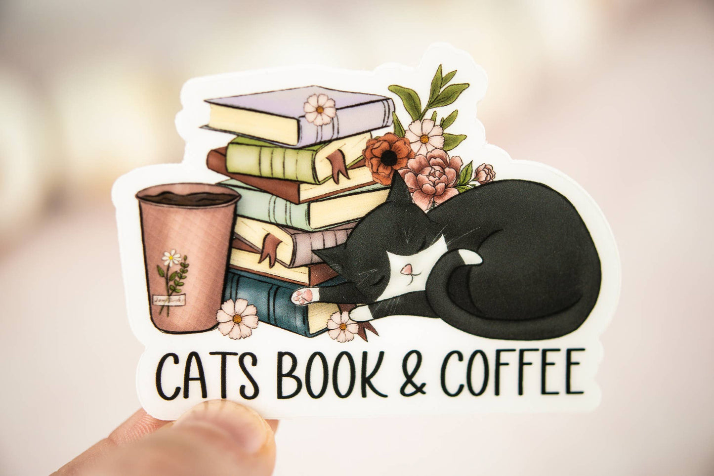 Cats Book & Coffee, Vinyl Sticker, 3x3 in.