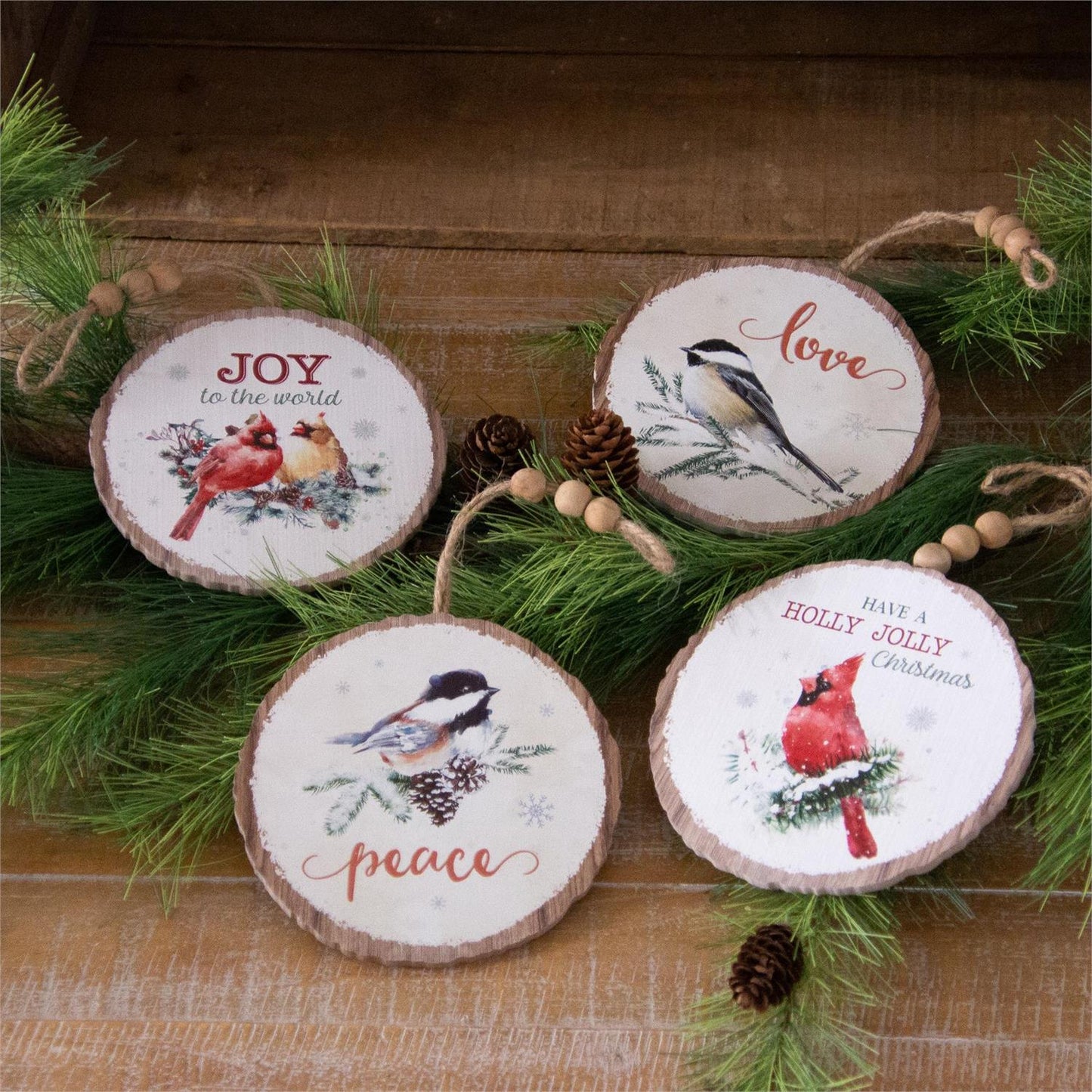 Round Wood slice Ornaments-Winter Birds