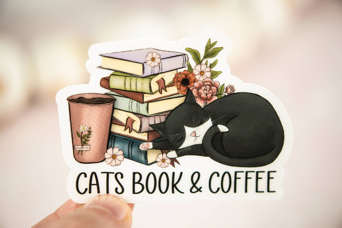 Cats Book & Coffee, Vinyl Sticker, 3x3 in.