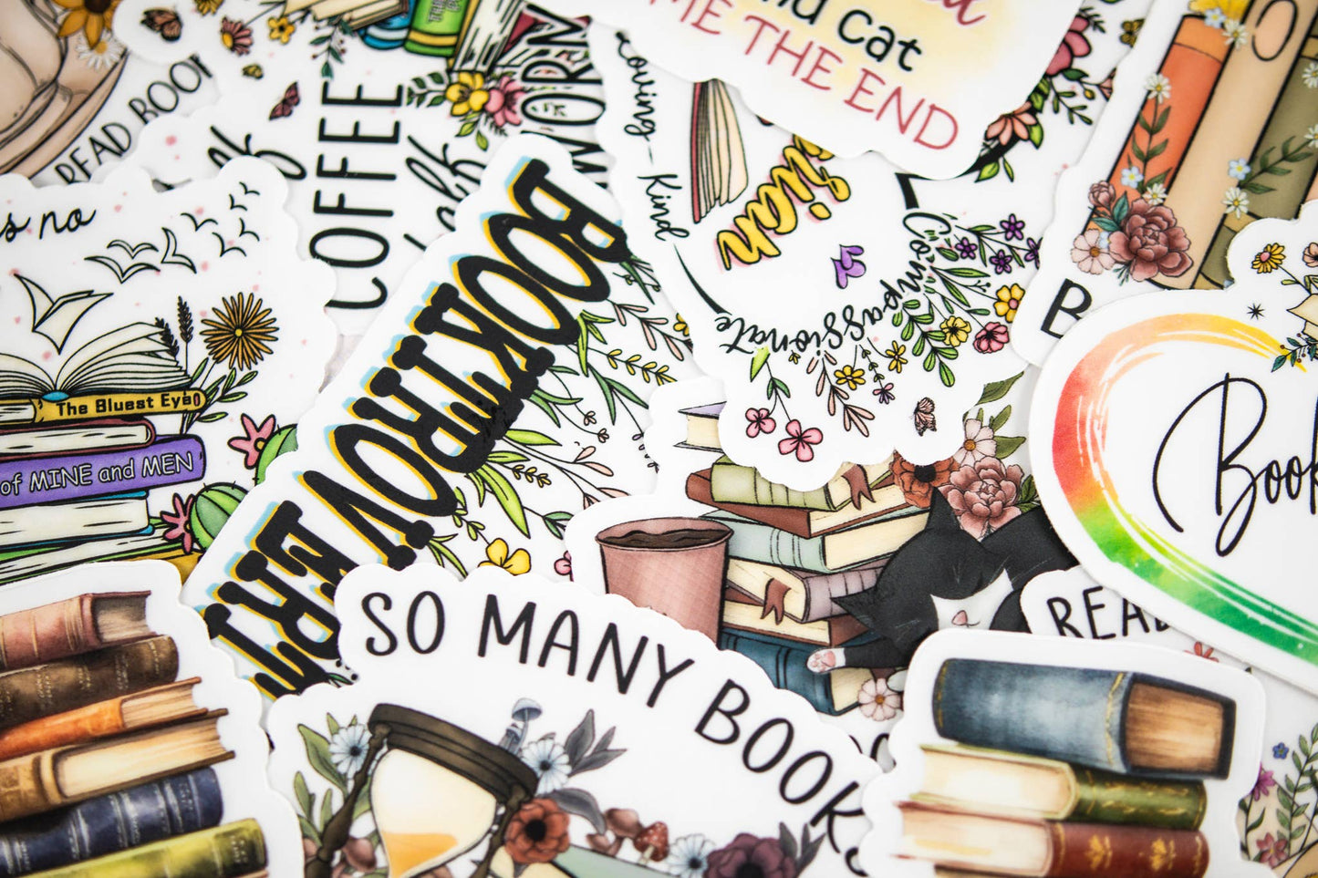 Cats Book & Coffee, Vinyl Sticker, 3x3 in.