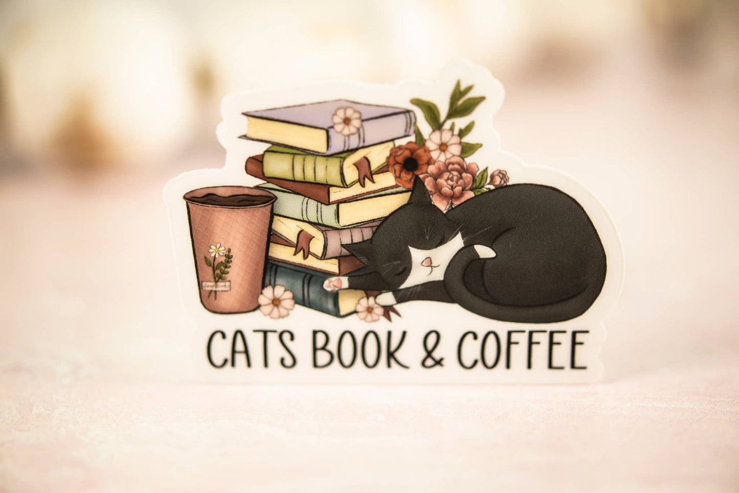 Cats Book & Coffee, Vinyl Sticker, 3x3 in.