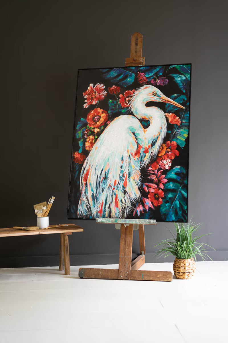 Framed oil painting-Heron with Flowers