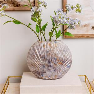 Speckled glass blue scallop shell vase