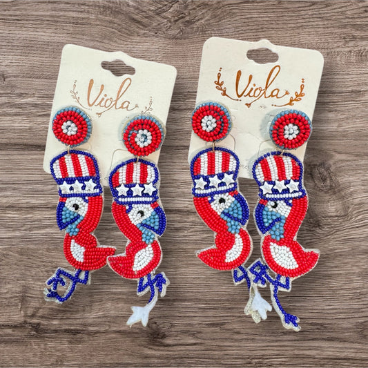 4th of July beaded bird earrings