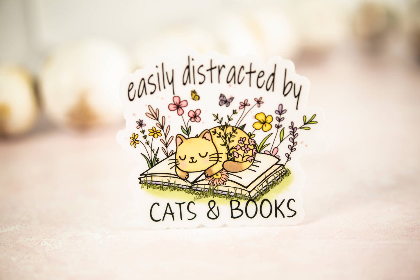 Easily Distracted By Cats & Books, Vinyl Sticker, 3x3 in.