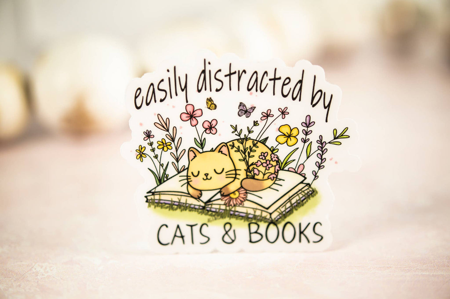 Easily Distracted By Cats & Books, Vinyl Sticker, 3x3 in.