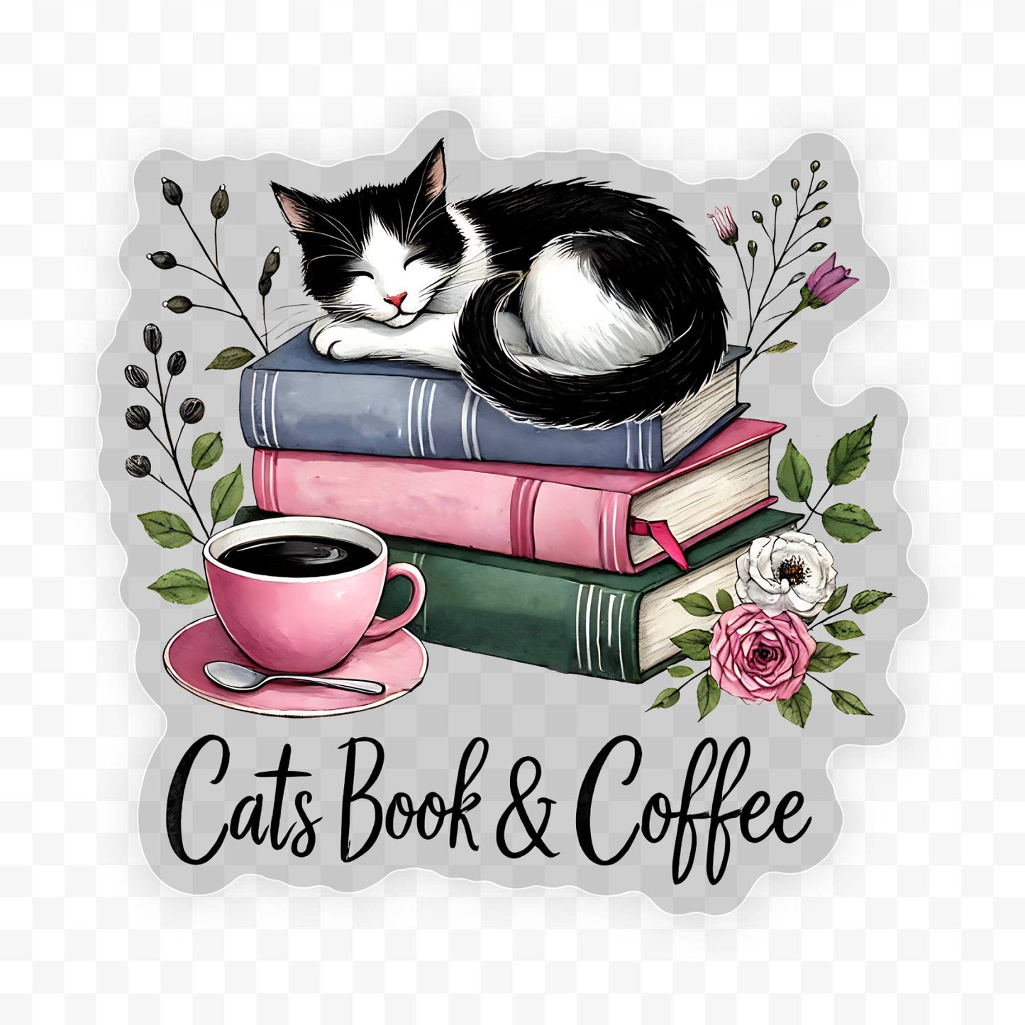 Cats Book & Coffee Clear Vinyl, Sticker, 3x3 in.