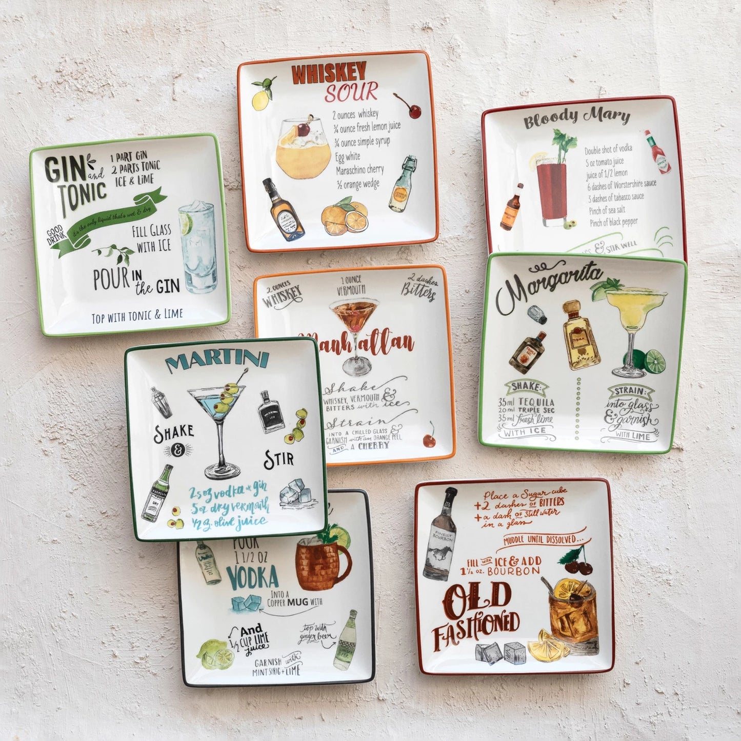 Stoneware plates with cocktail recipe