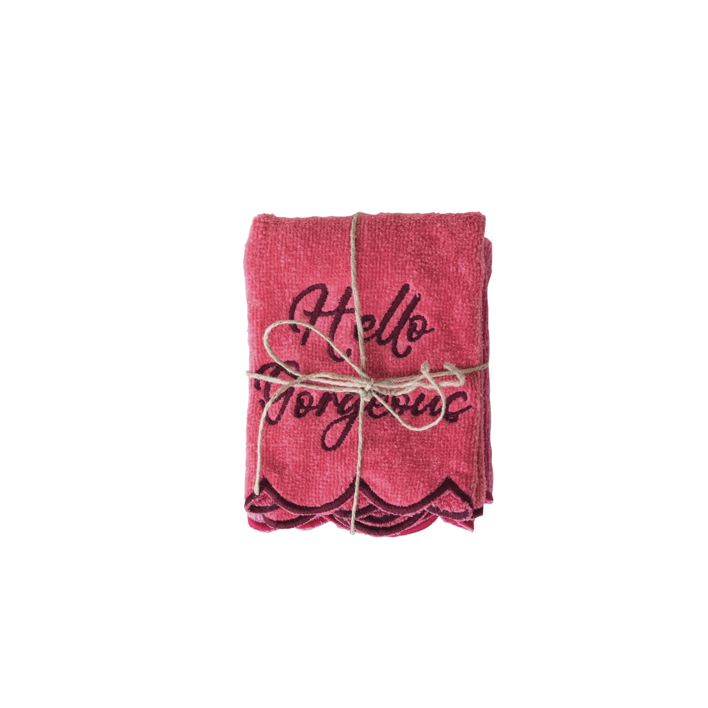 Cotton Terry Washcloths with embroidered saying and scapploiped edges, set of two