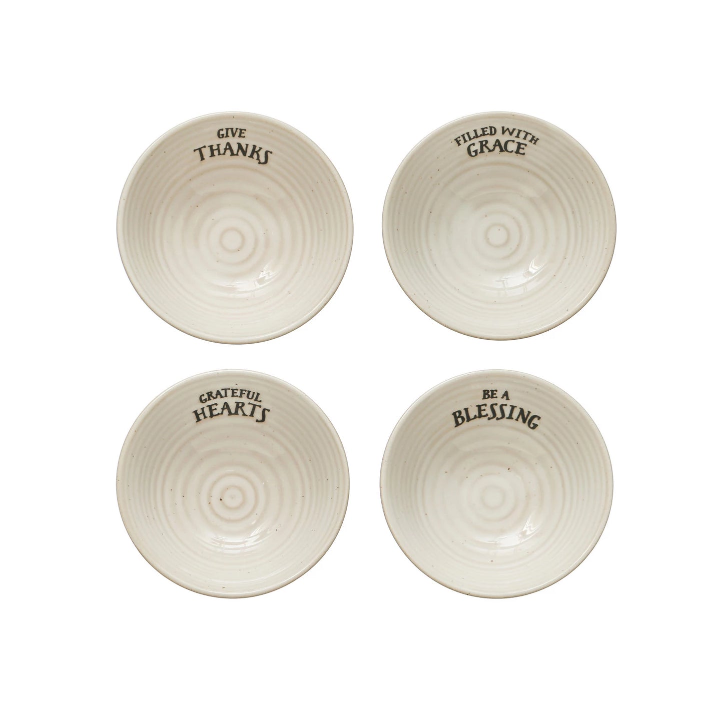 4" Round x 1-1/2"H Stoneware Bowl w/ Stamped Saying, Cream Color, 4 Styles