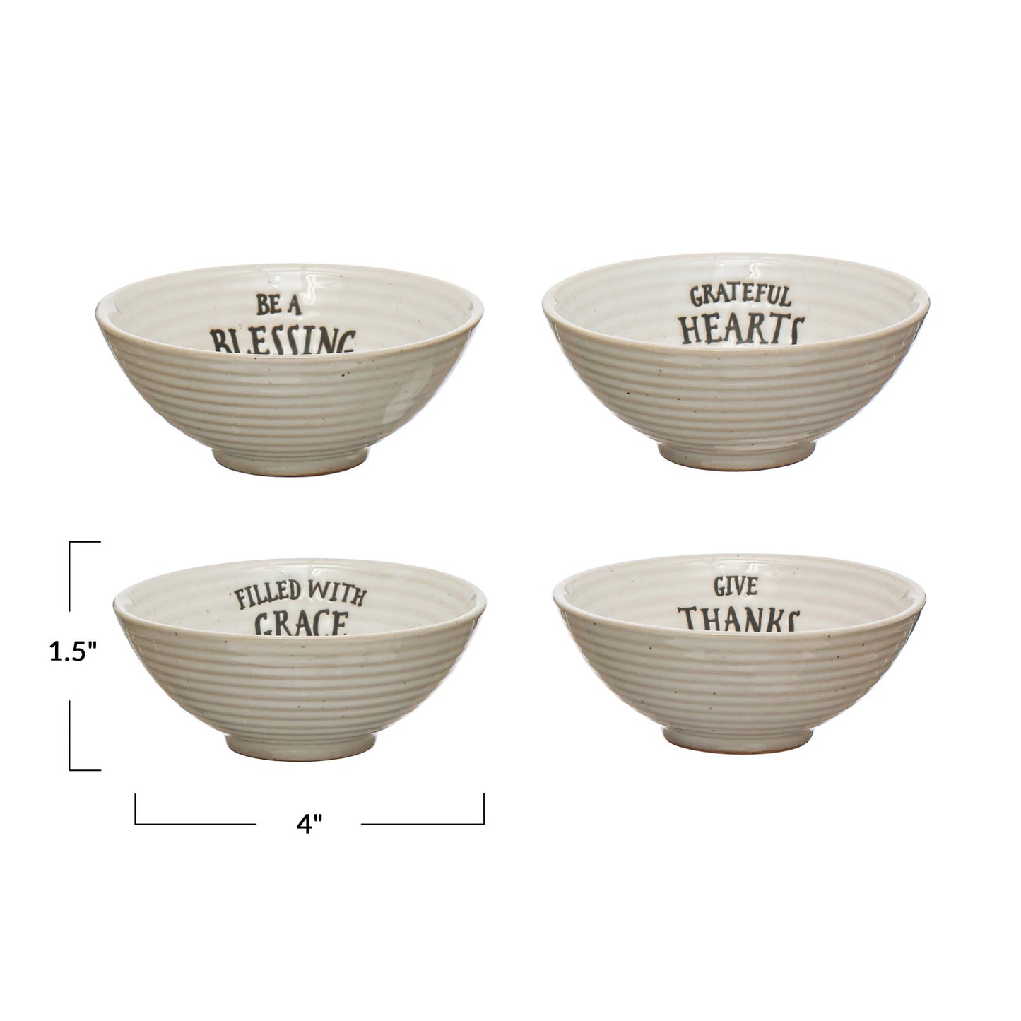 4" Round x 1-1/2"H Stoneware Bowl w/ Stamped Saying, Cream Color, 4 Styles