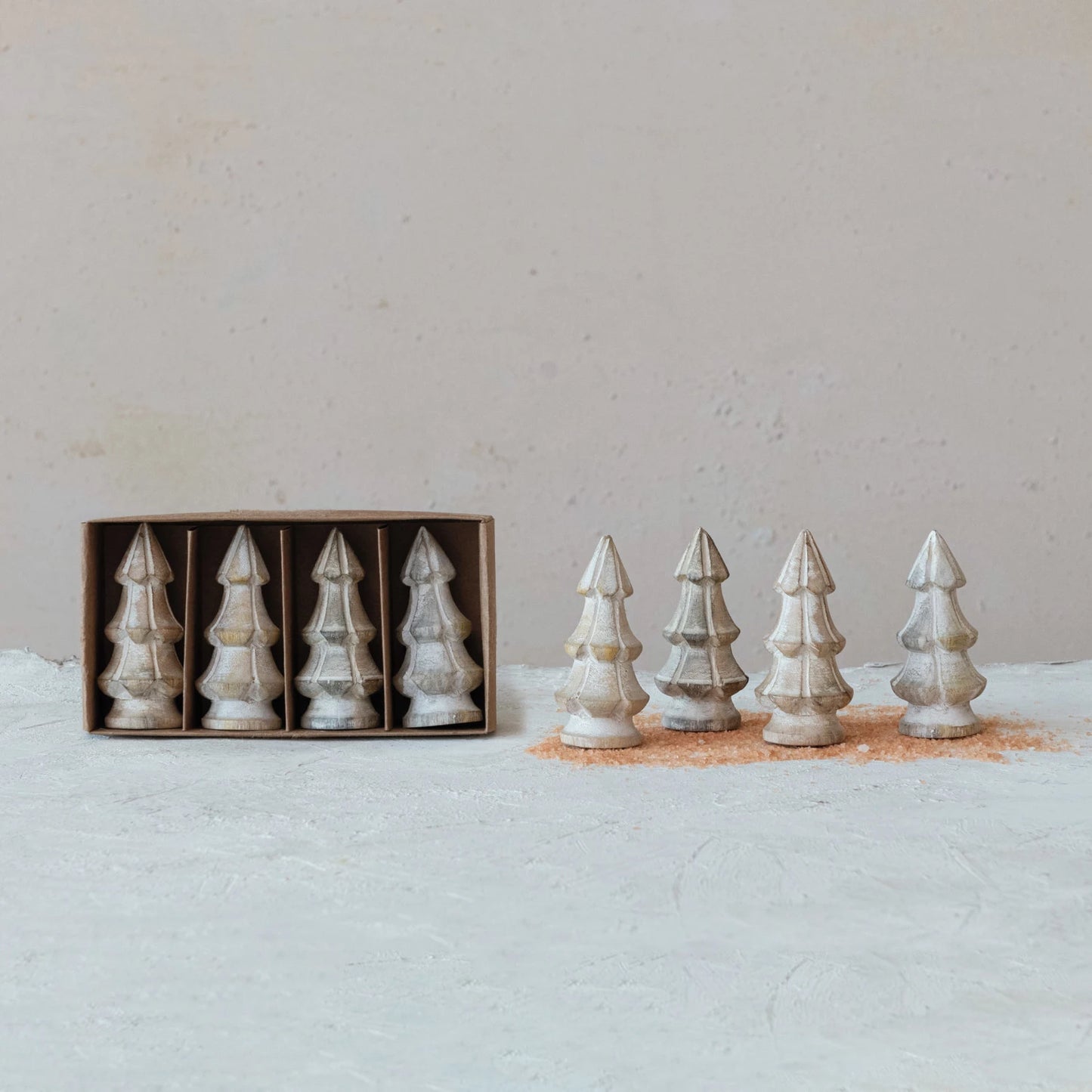 Carved Mango Wood Christmas trees, whitewashed set of 4