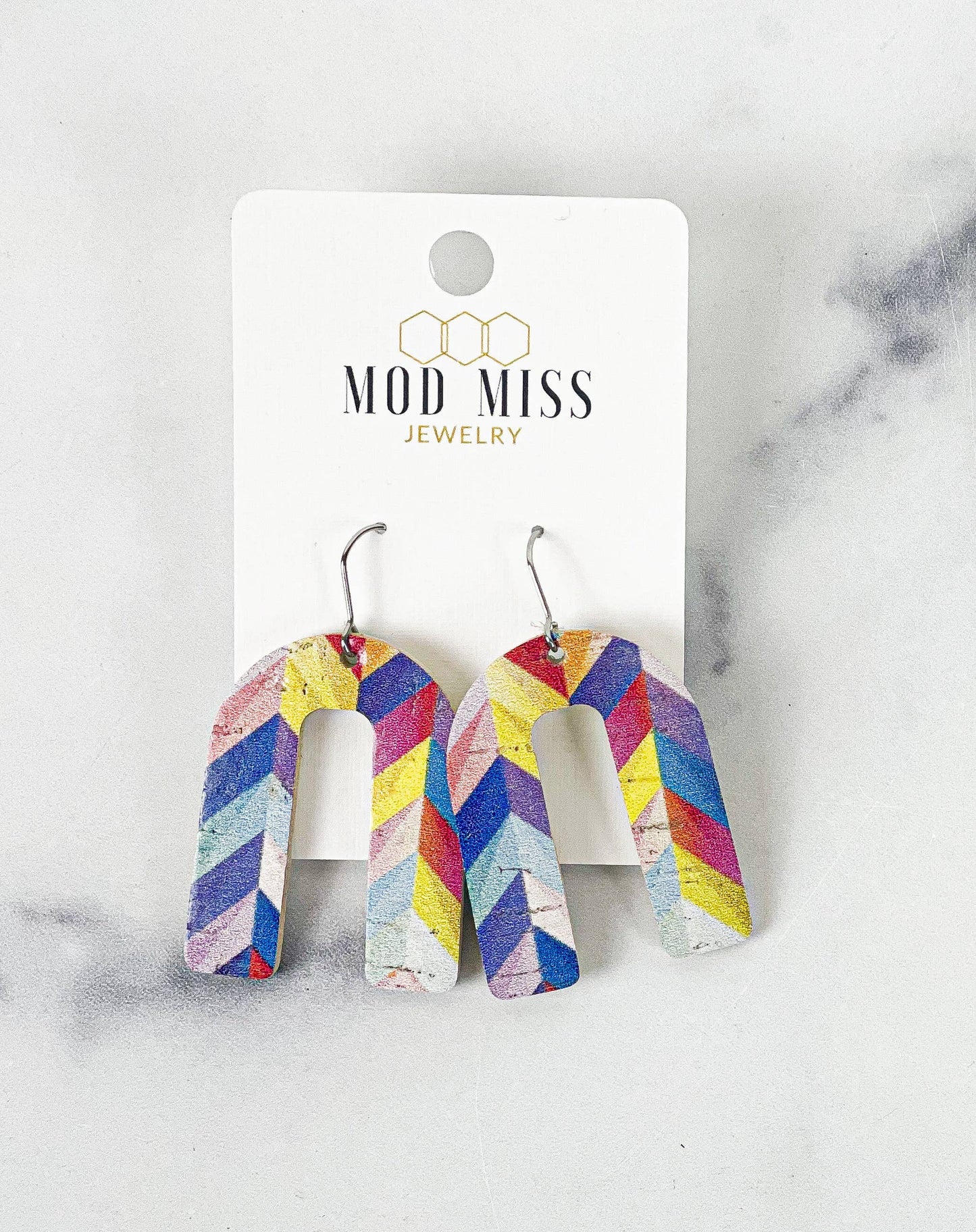 Cork+Leather Arch Earring "Crayola Geo''