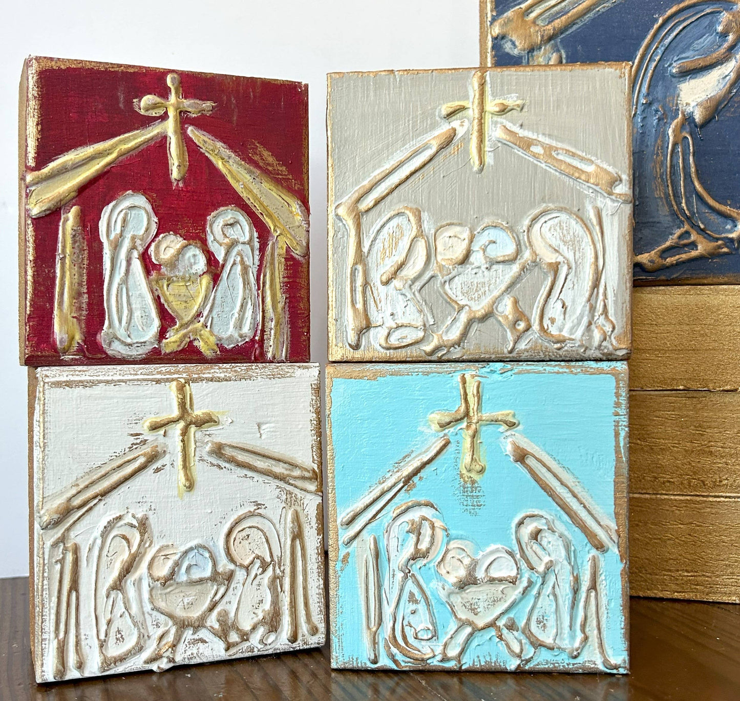 3x3 Christmas Nativity handmade painted textured mini block: Stone