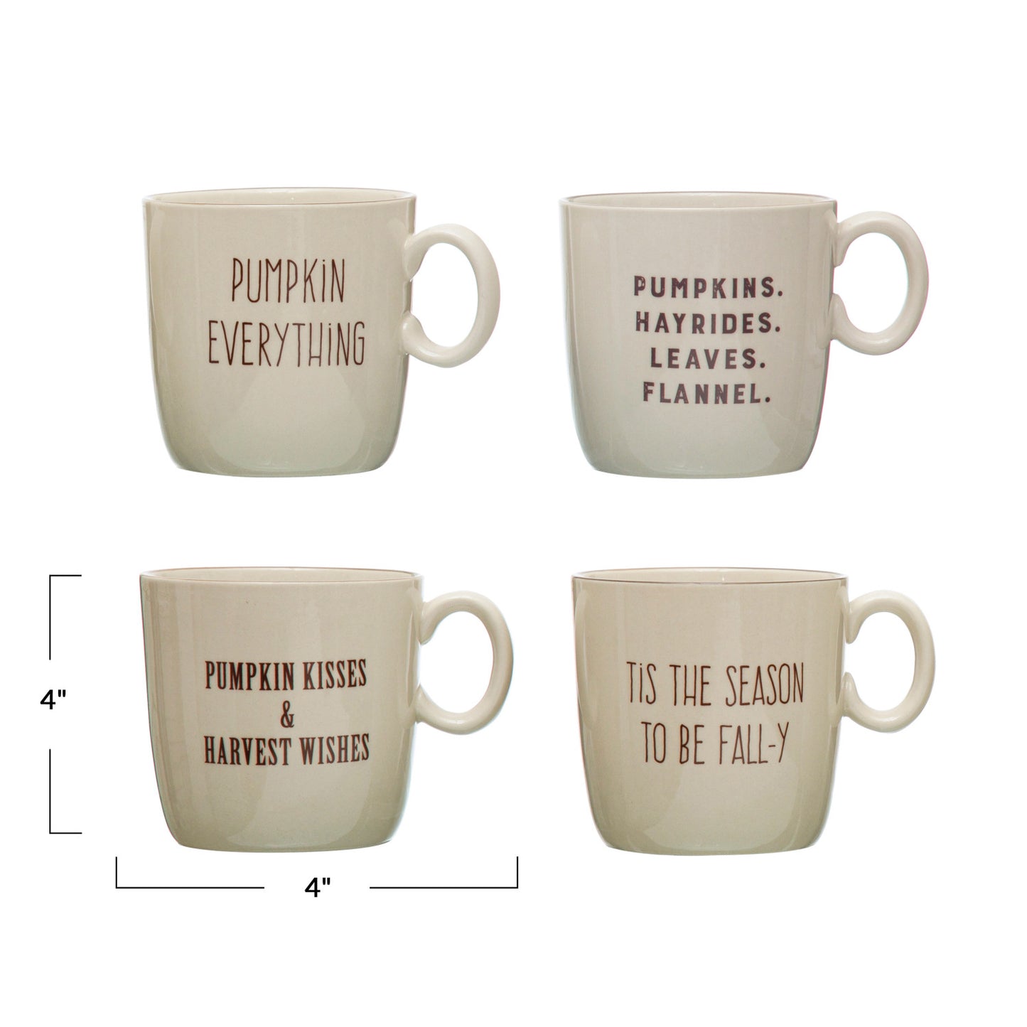 4" Round x 4"H 16 oz. Stoneware Mug w/ Fall Saying, Cream Color & Brown, 4 Styles