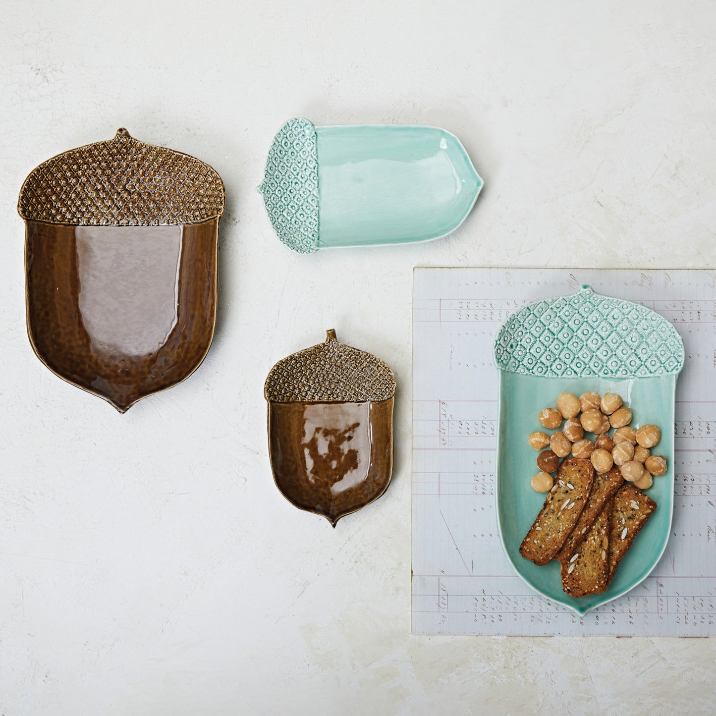 Stoneware Acorn Shaped Plates, Reactive Glaze, Mint Color, Set of 2 (Each One Will Vary)