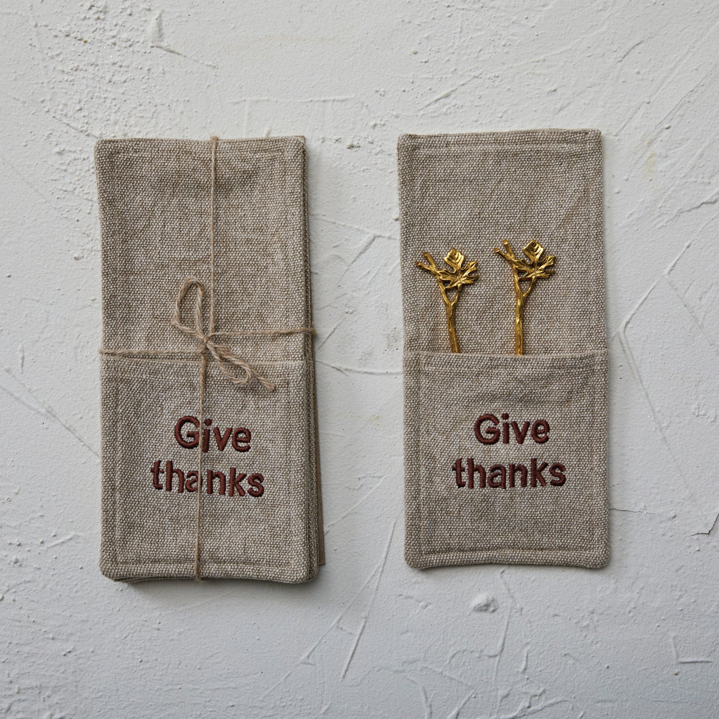 Woven Cotton Cutlery Sleeves
"Give Thanks", Natural & Brown