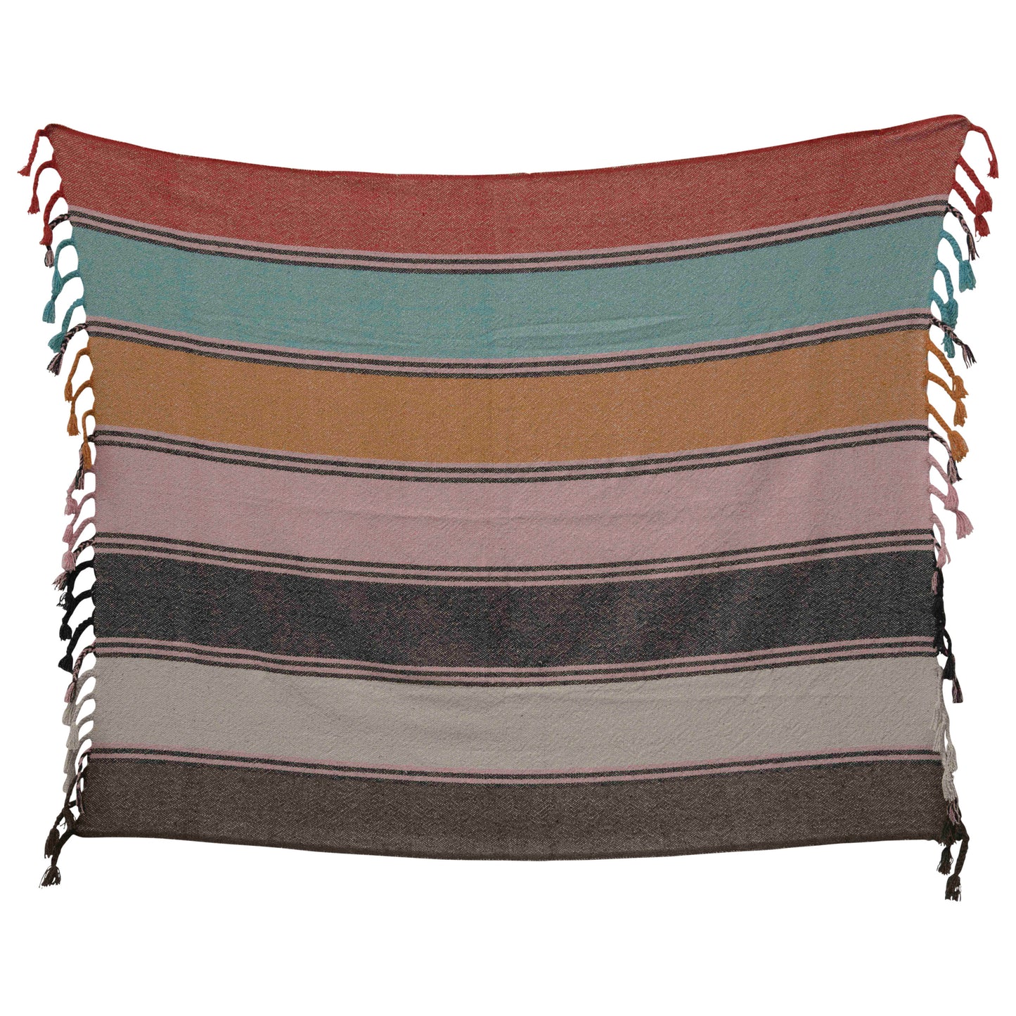 Cotton Blend Striped Throw with Braided Fringe