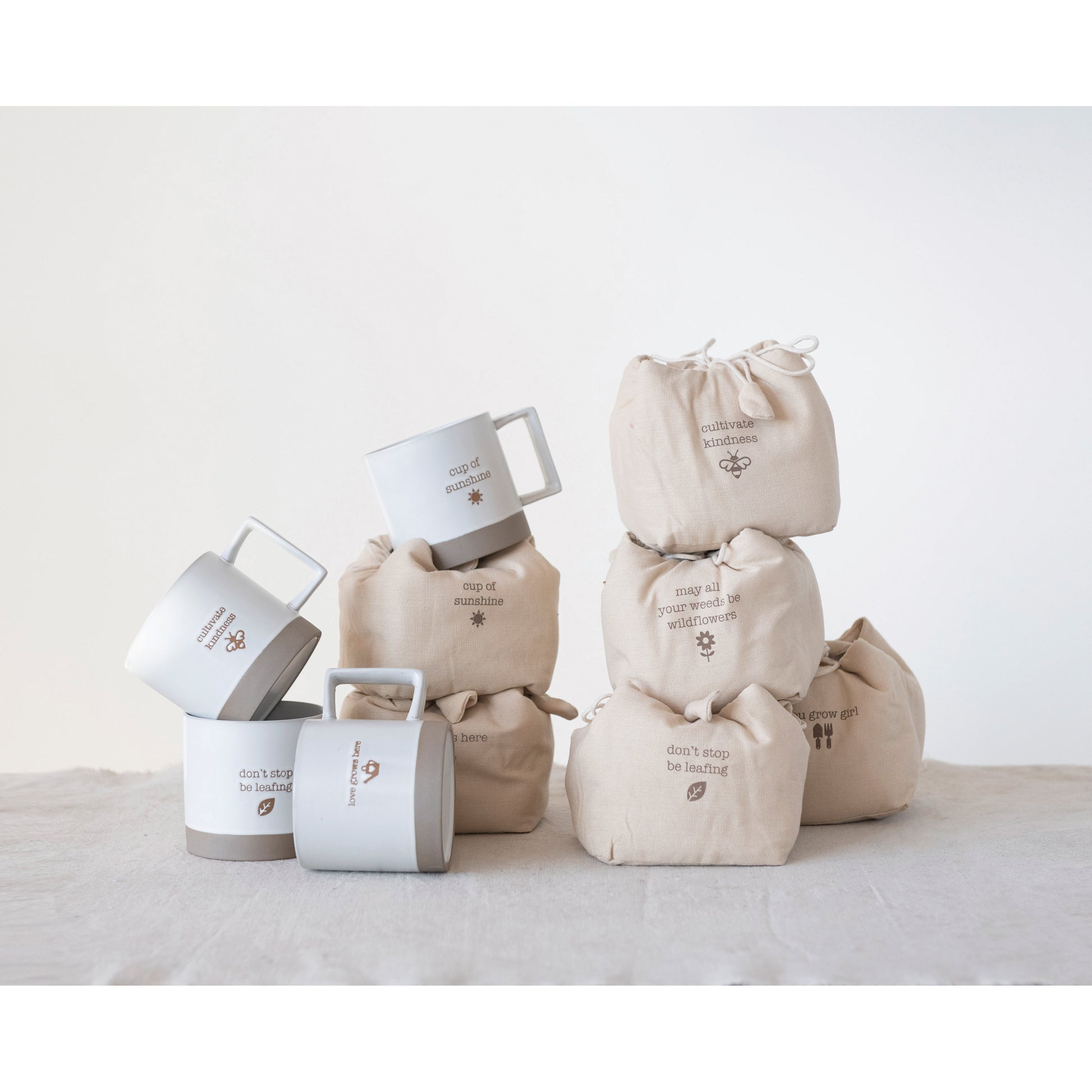 12 oz. Stoneware Mug with Saying in Printed Drawstring Bag