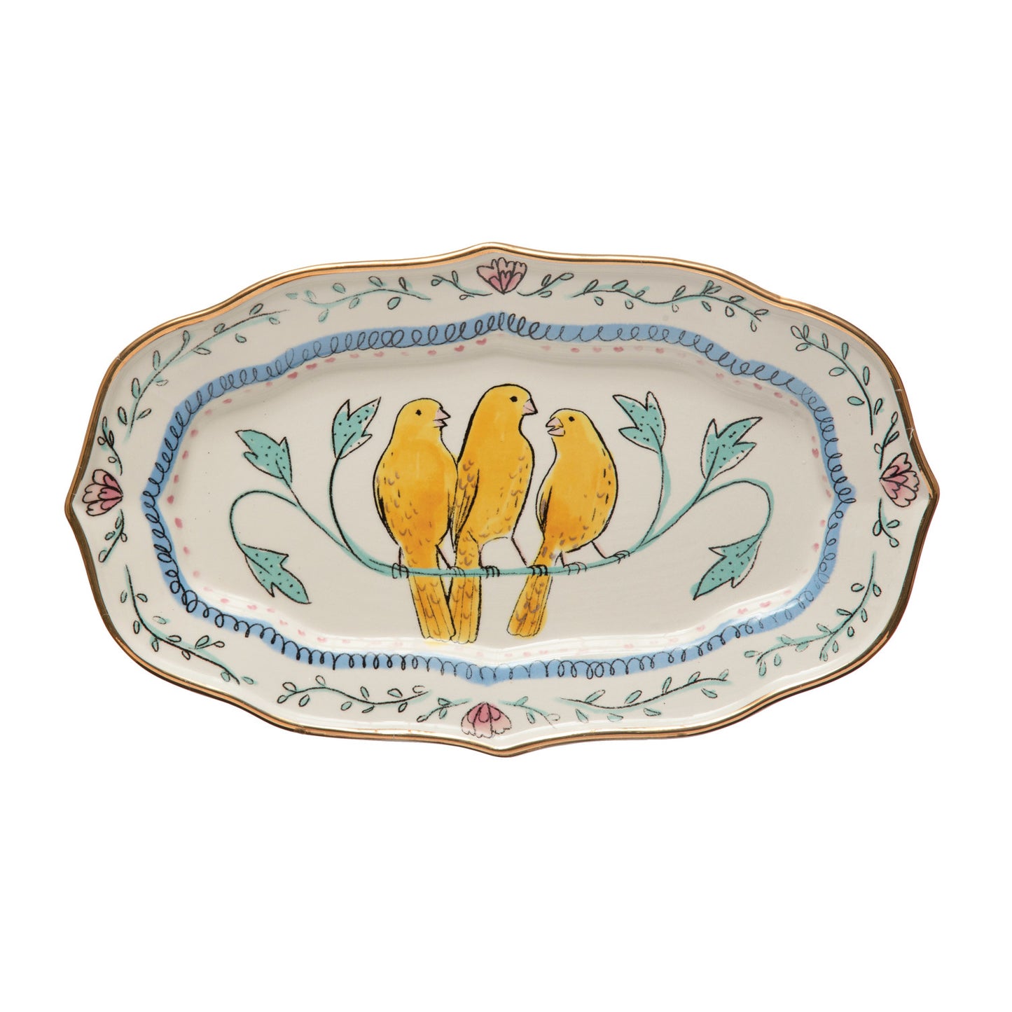 Decorative Ceramic Platter w/ Birds & Gold Electroplated Rim, Multi Color