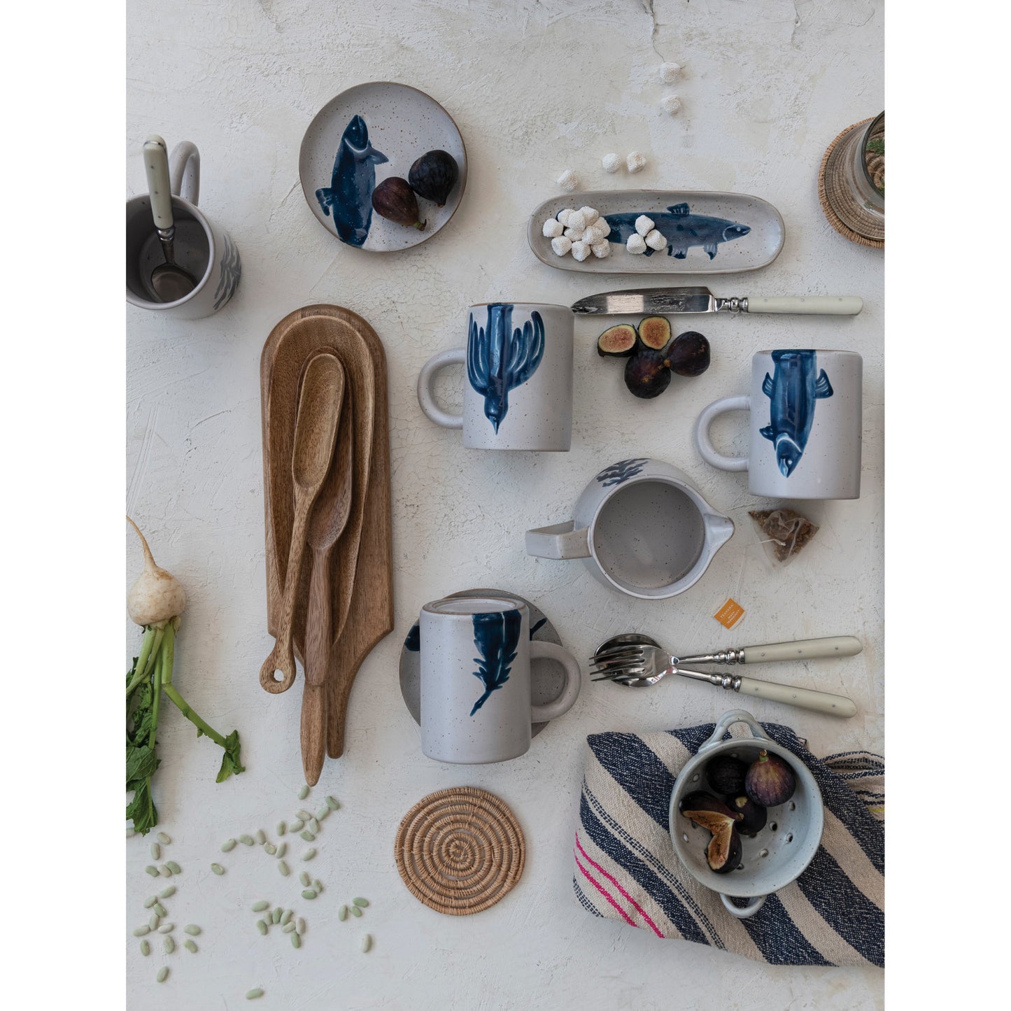 Hand-Painted Stoneware Platter w/ Fish, Reactive Glaze, Antique White & Blue (Each One Will Vary)