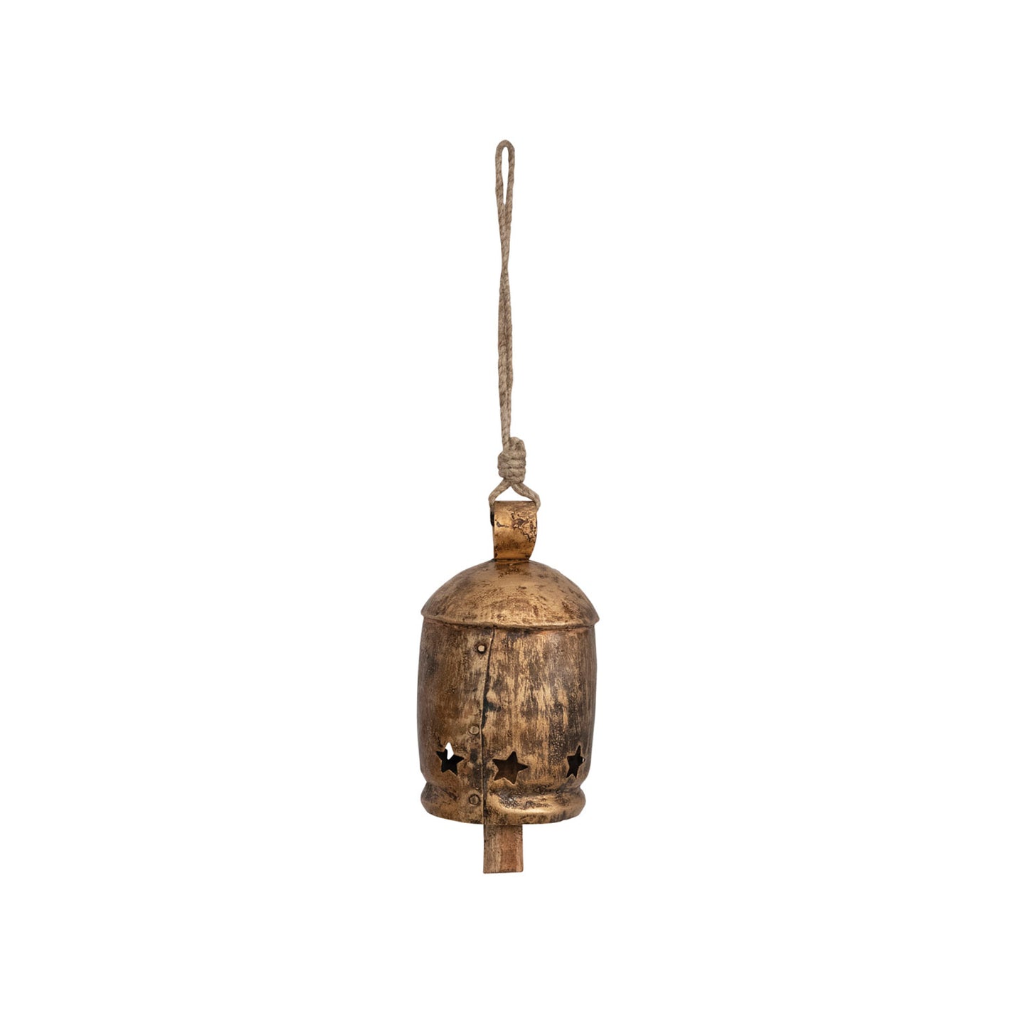 Metal Bell on Jute Rope with Star Cut-Outs, Heavily Distressed Antique Gold Finish