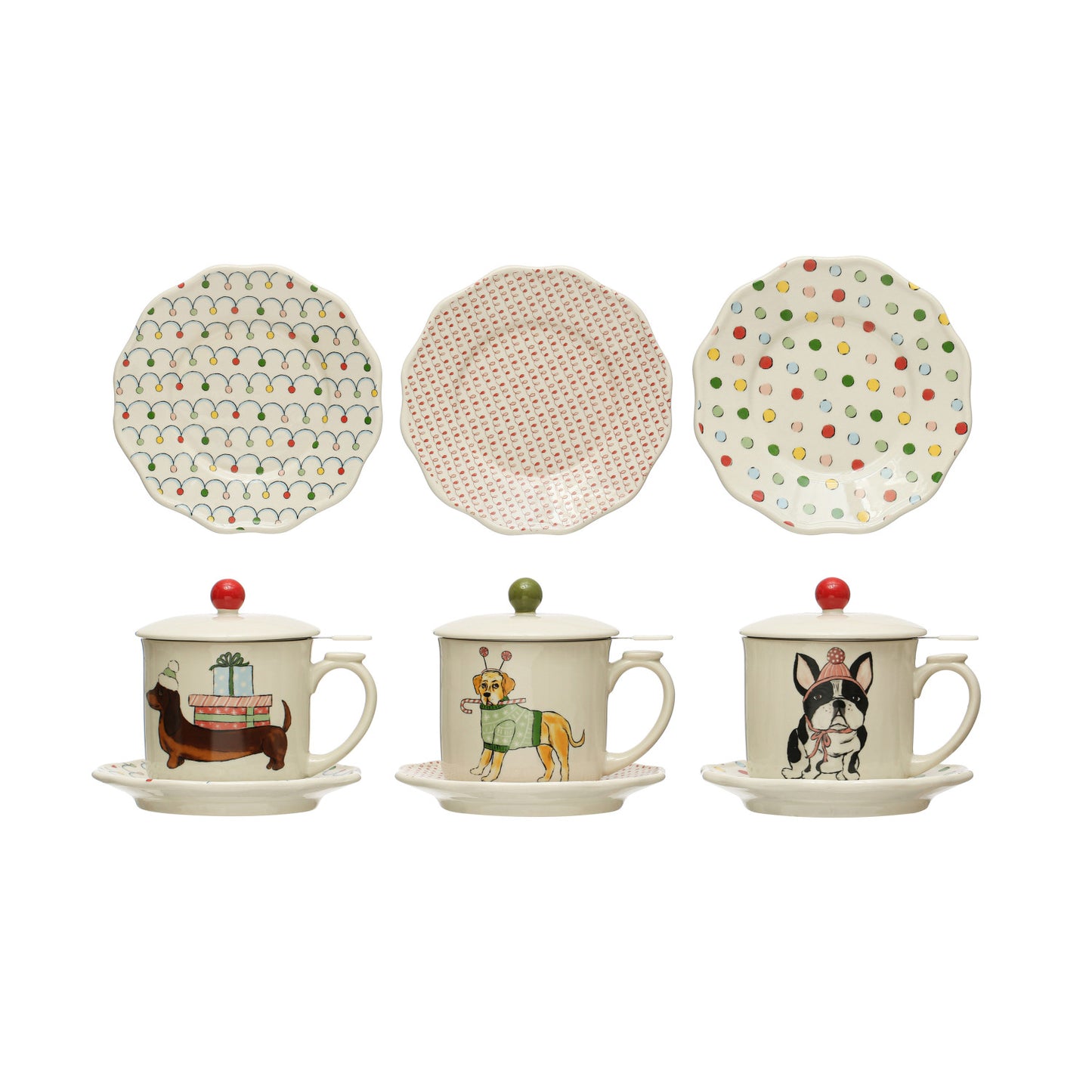 5-1/2" Round x 5"H 10 oz. Stoneware Mug w/ Saucer, Strainer, Lid & Dog, 3 Styles, Set of 3