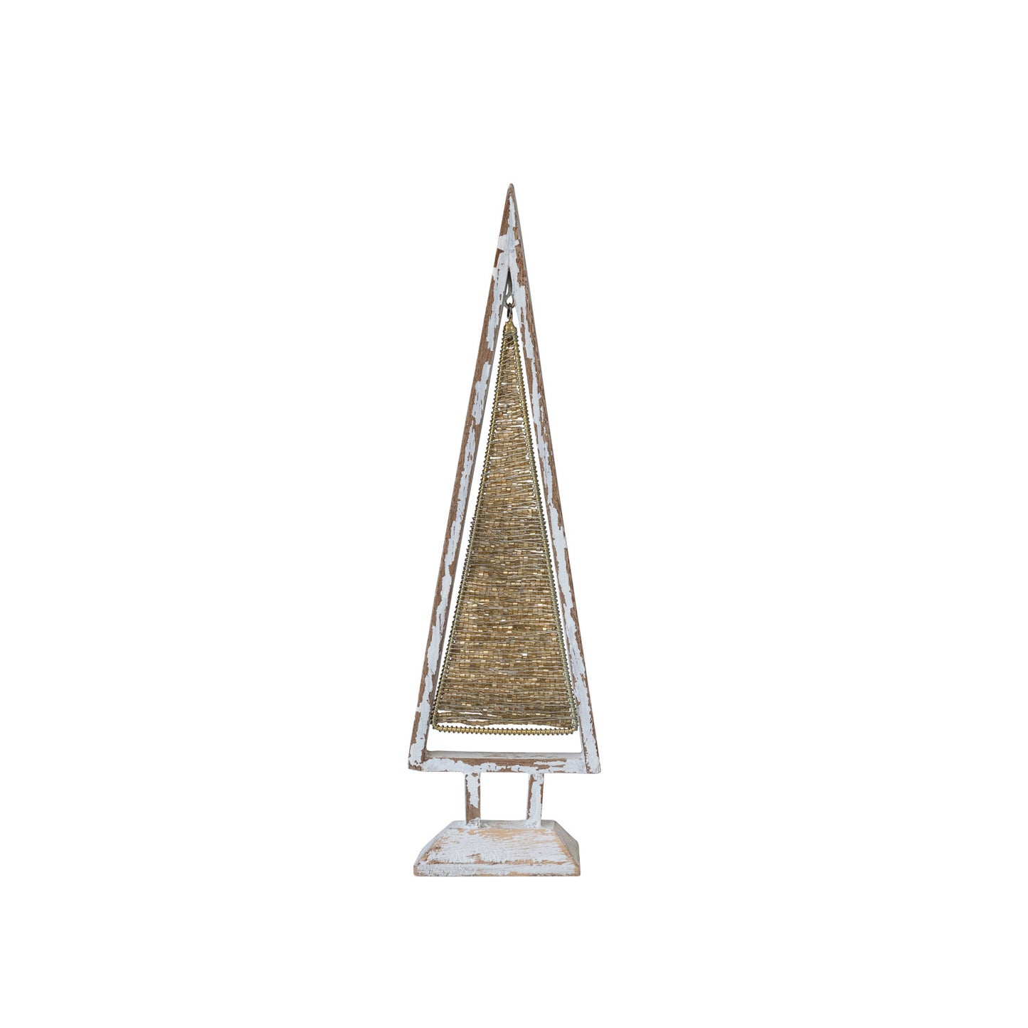 Metal & Glass Beaded Tree w/ Mango Wood Base, Whitewashed & Gold Finish