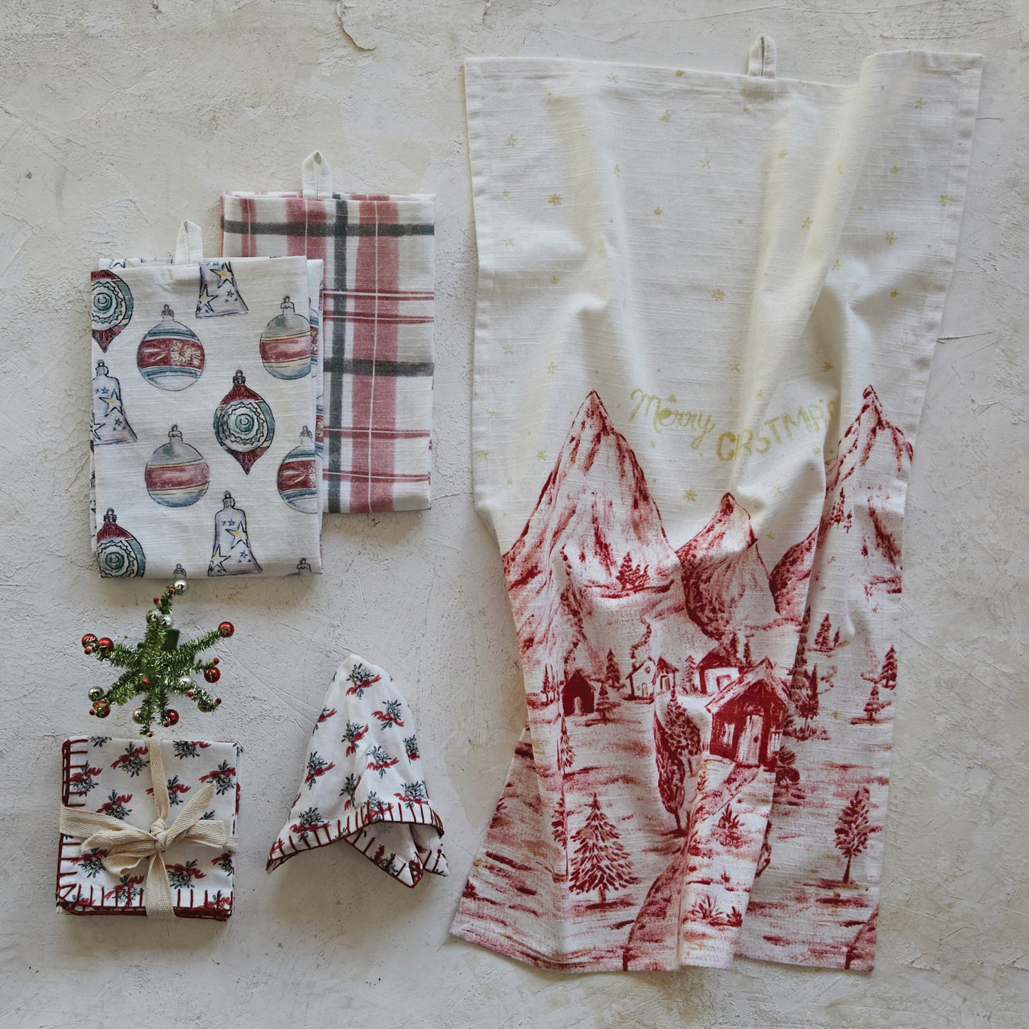 10" Square Cotton Printed Cocktail Napkins w/ Mistletoe Pattern & Blanket Stitch, Set of 4