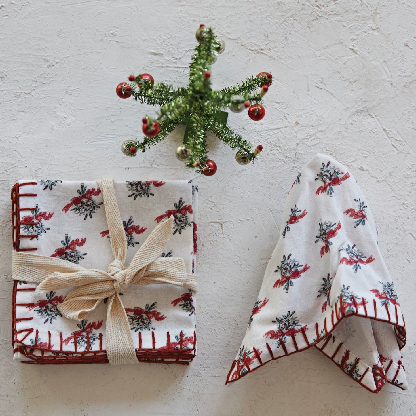 10" Square Cotton Printed Cocktail Napkins w/ Mistletoe Pattern & Blanket Stitch, Set of 4