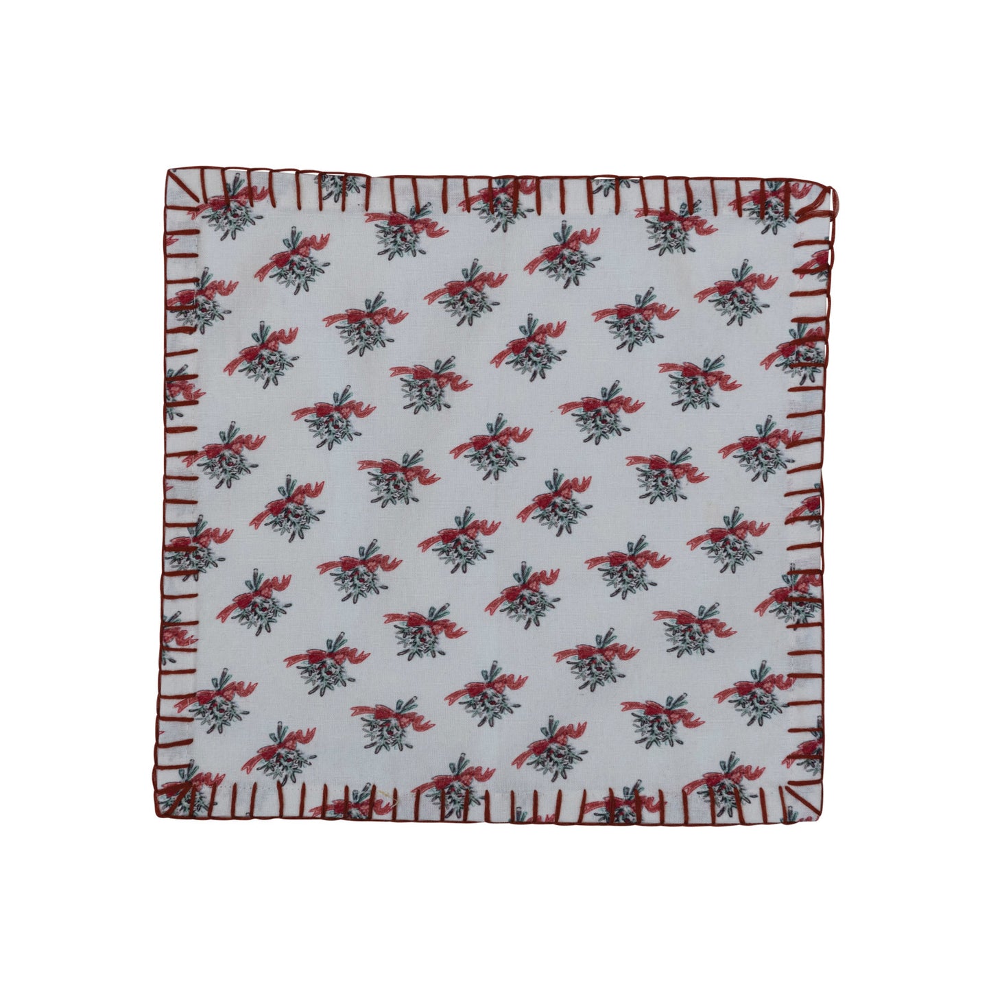 10" Square Cotton Printed Cocktail Napkins w/ Mistletoe Pattern & Blanket Stitch, Set of 4