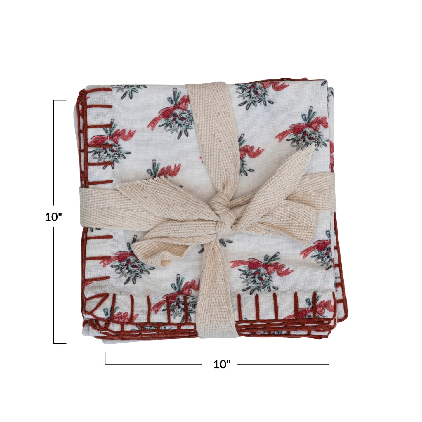 10" Square Cotton Printed Cocktail Napkins w/ Mistletoe Pattern & Blanket Stitch, Set of 4