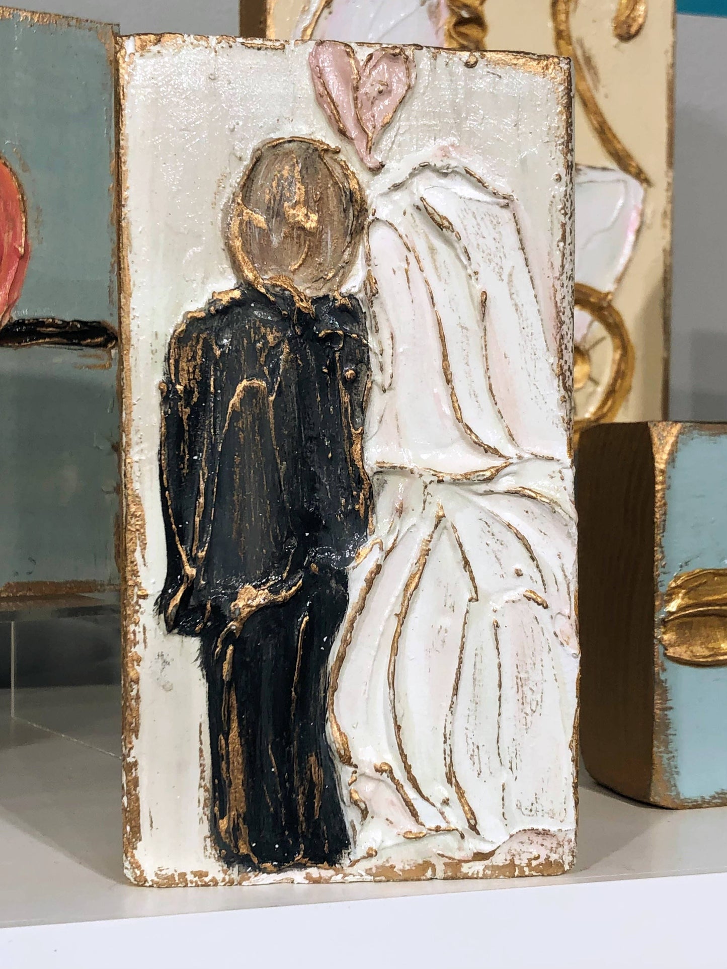Bride and Groom Wedding handmade painted textured block