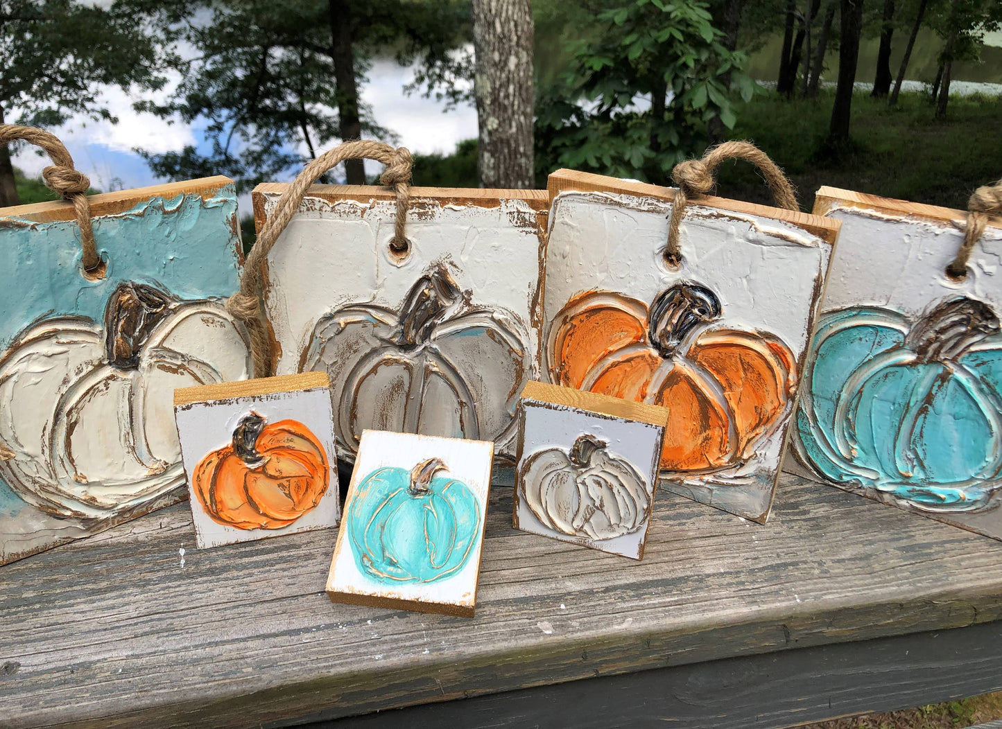 Pumpkin Fall handmade hand painted textured wood blocks