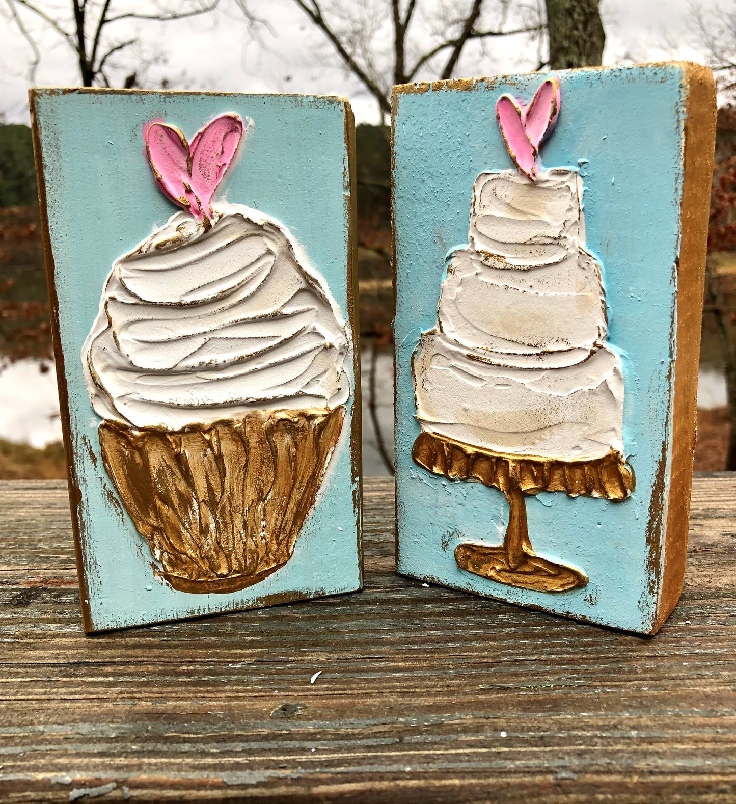 Birthday and Wedding cake handmade paint textured wood block