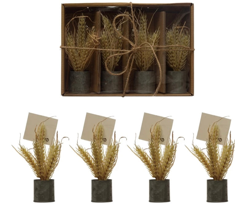 Faux Wheat place card/photo holders in galvanized metal pot, boxed set of four