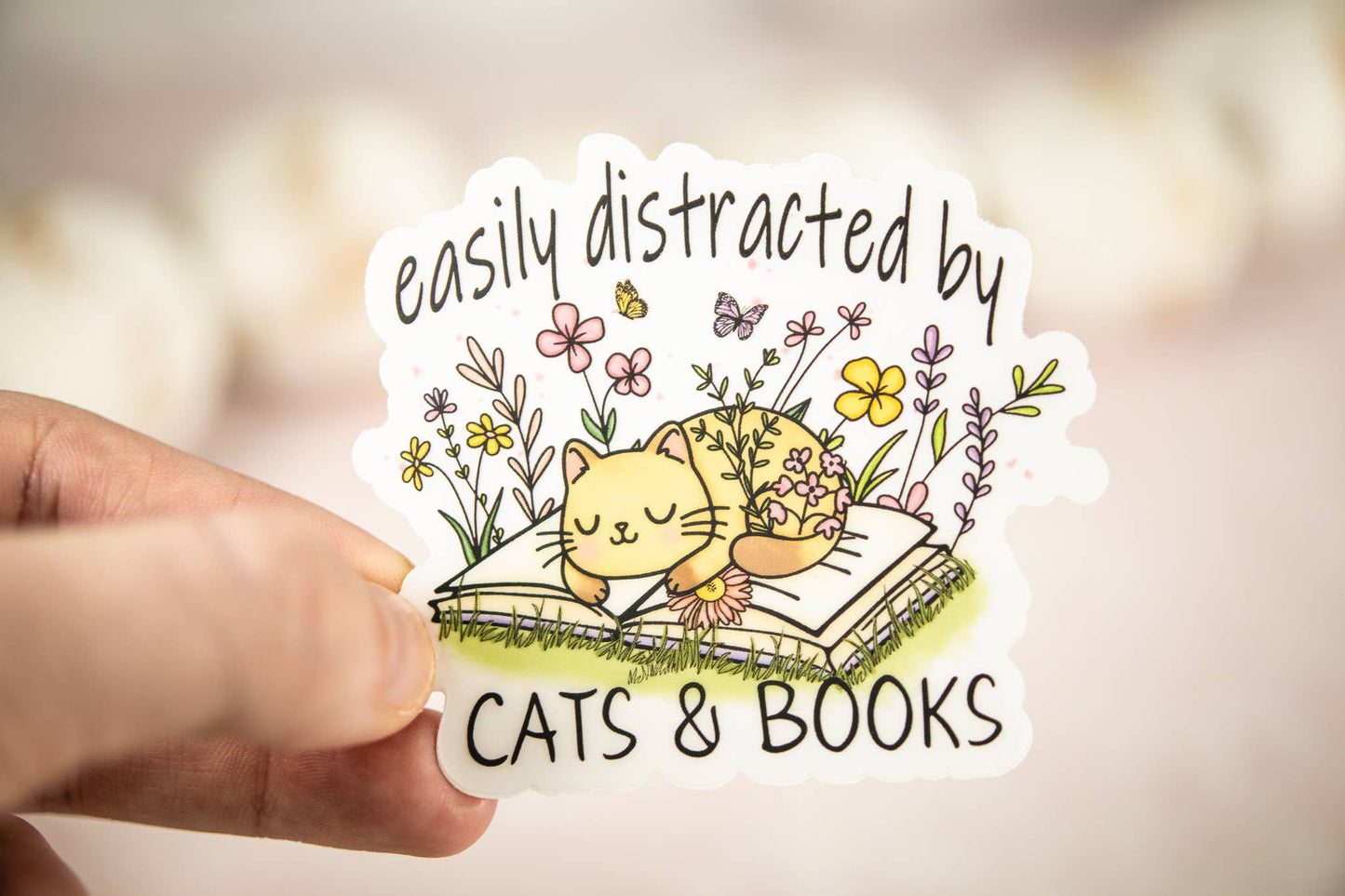 Easily Distracted By Cats & Books,  Vinyl Sticker, 3x3 in.