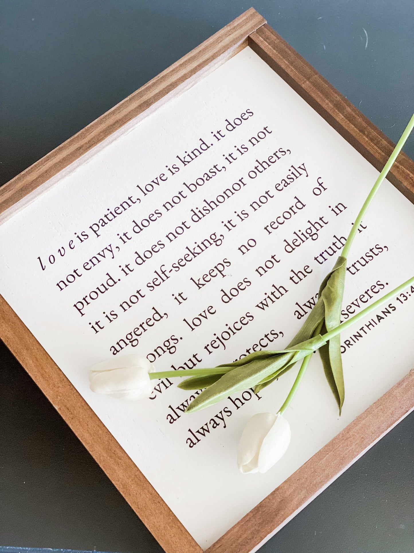 1 Corinthians 13 | Wall Art, Wall Decor, Home Decor: White / Dark Walnut / 9x9"