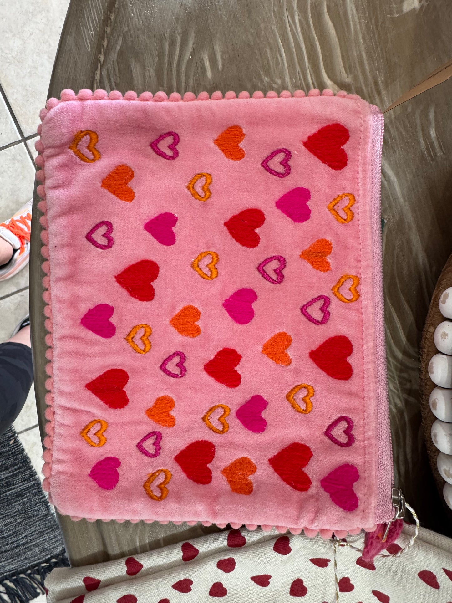 Embroidered hearts zip bag