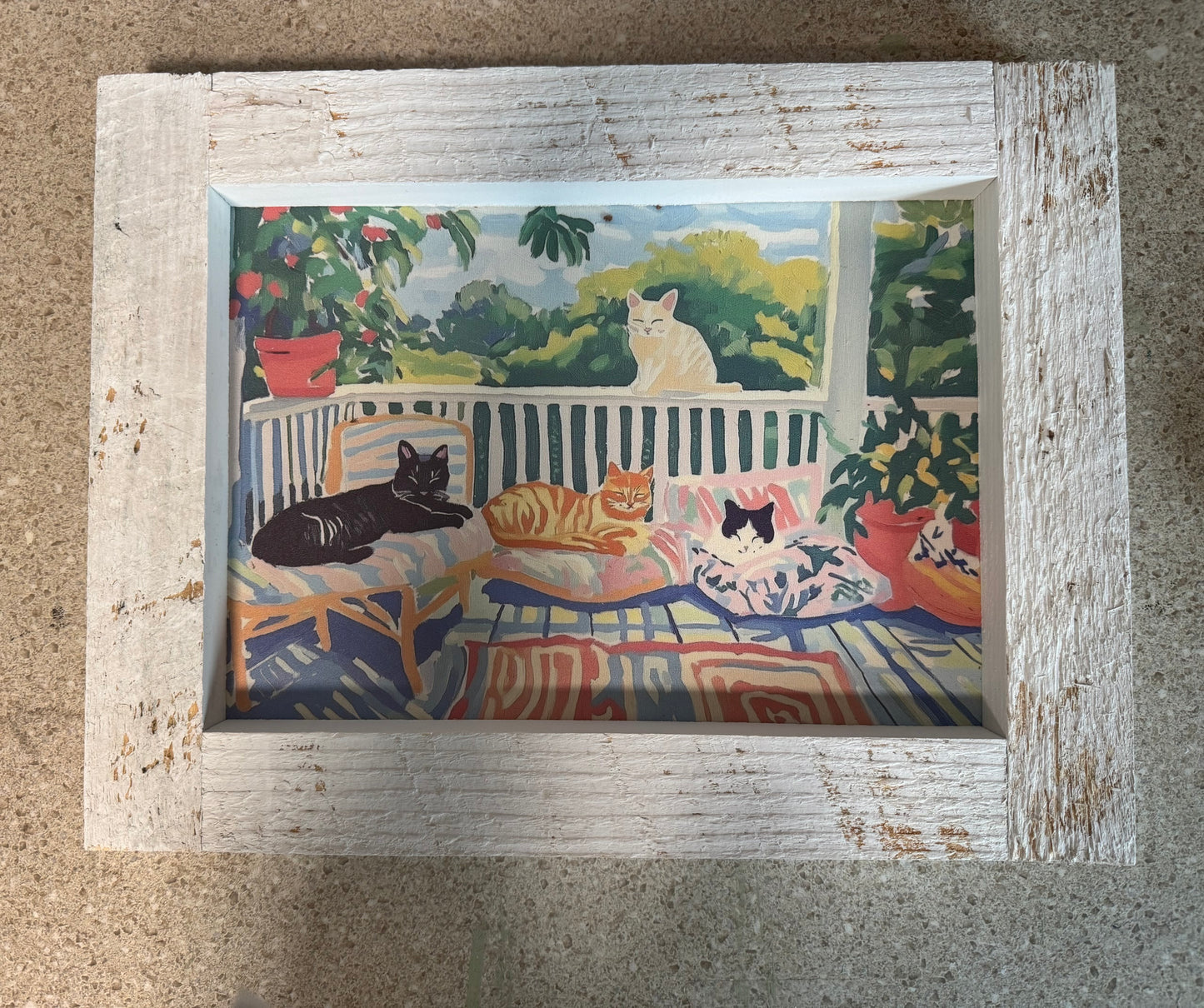 Furry friends art in whitewashed wood frame
