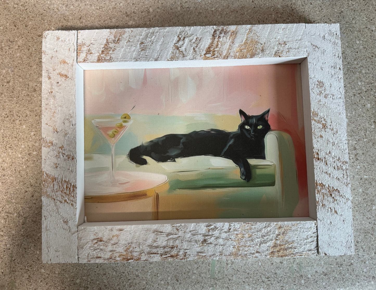 Furry friends art in whitewashed wood frame
