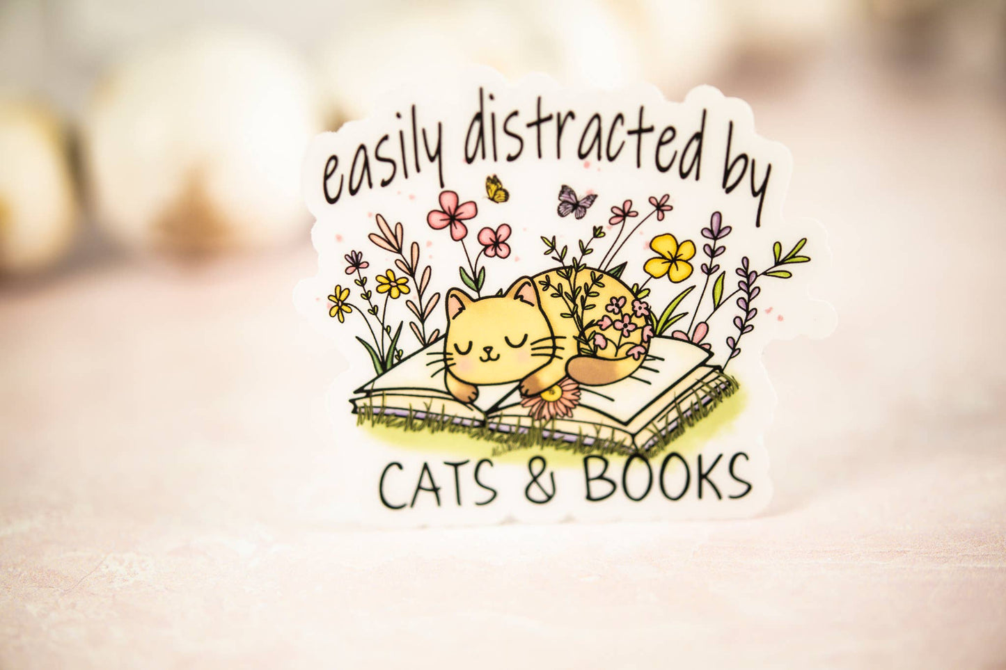 Easily Distracted By Cats & Books,  Vinyl Sticker, 3x3 in.