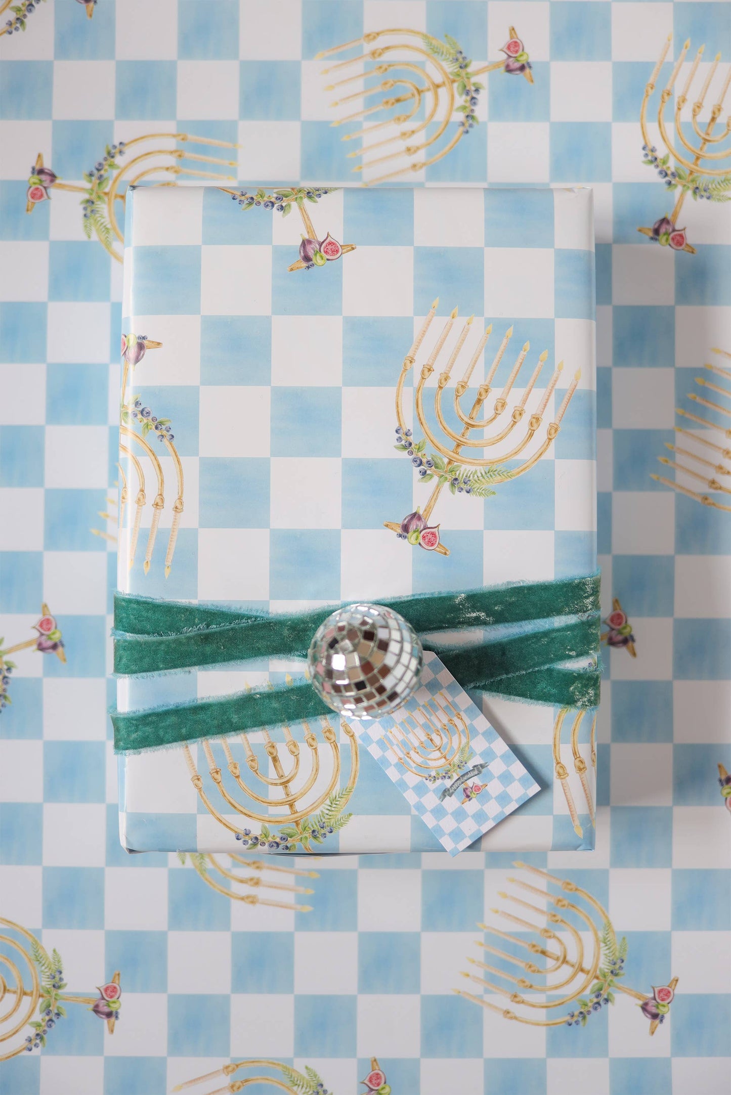Blue checker print, menorah, Hanukkah, chic gift tag